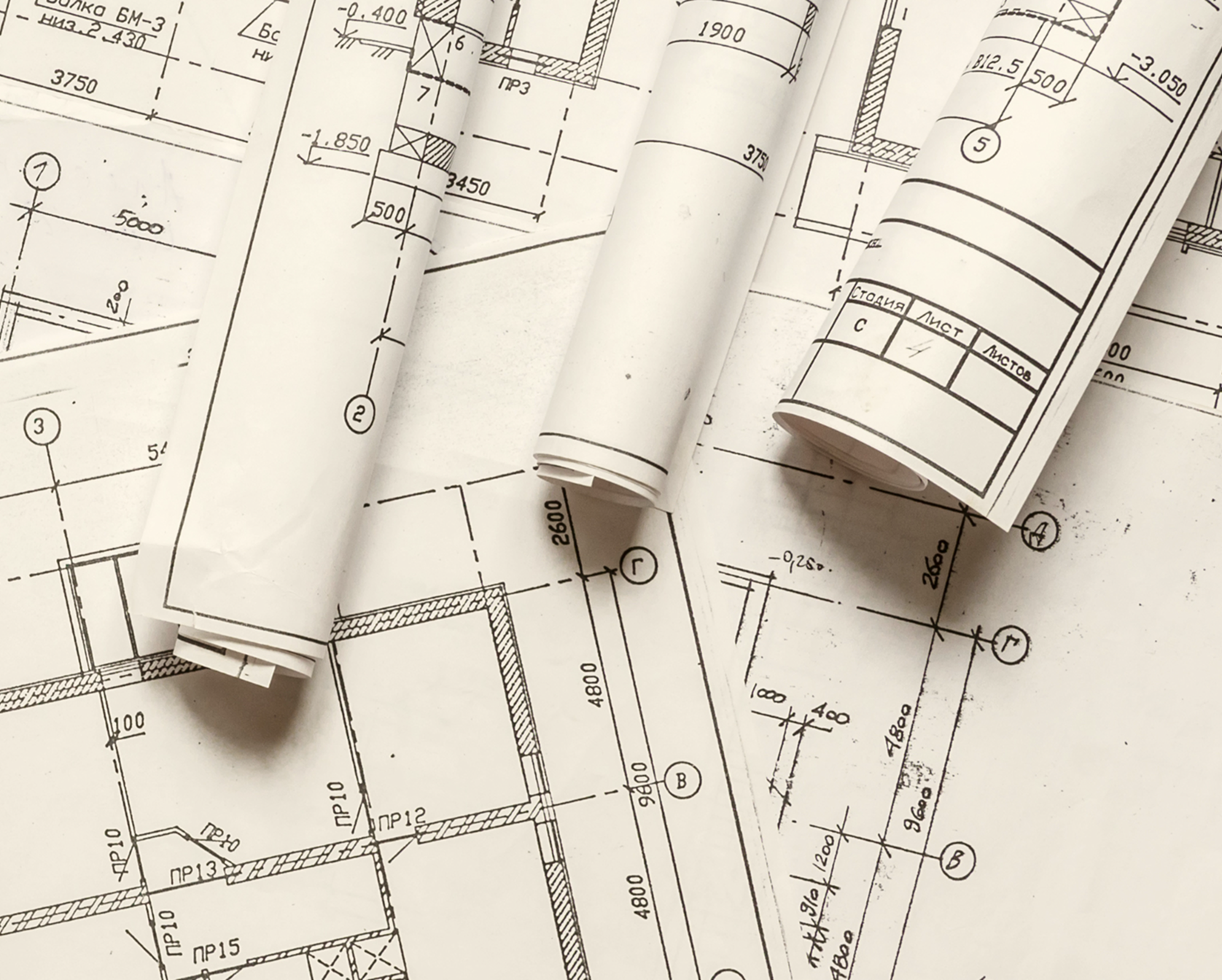black and white image of blueprint scrolls